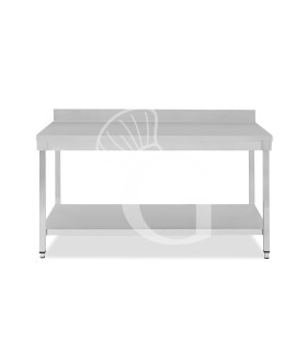 Mesa de trabajo de acero inoxidable con estante inferior y peto con dimensiones L 1700 mm x P 600 mm x A 965 mm