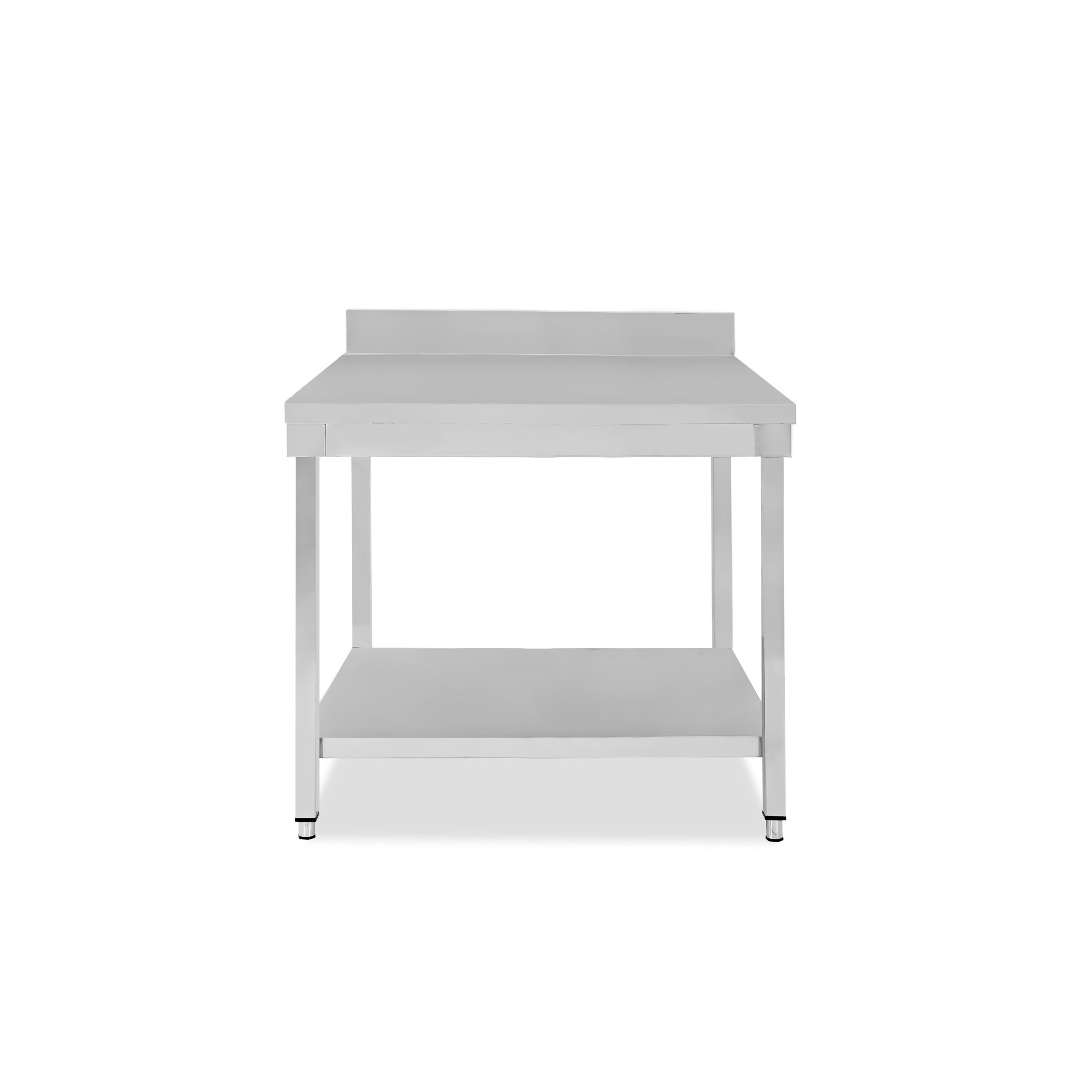 Mesa de trabajo de acero inoxidable con estante inferior y peto con dimensiones L 800 mm x P 800 mm x A 965 mm