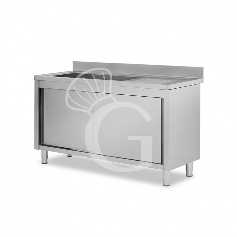 Fregadero con mueble 2 puertas correderas, cubeta, escurridor a la derecha y peto L1500mmxP700mmxA965mm agujero grifo Ø32mm