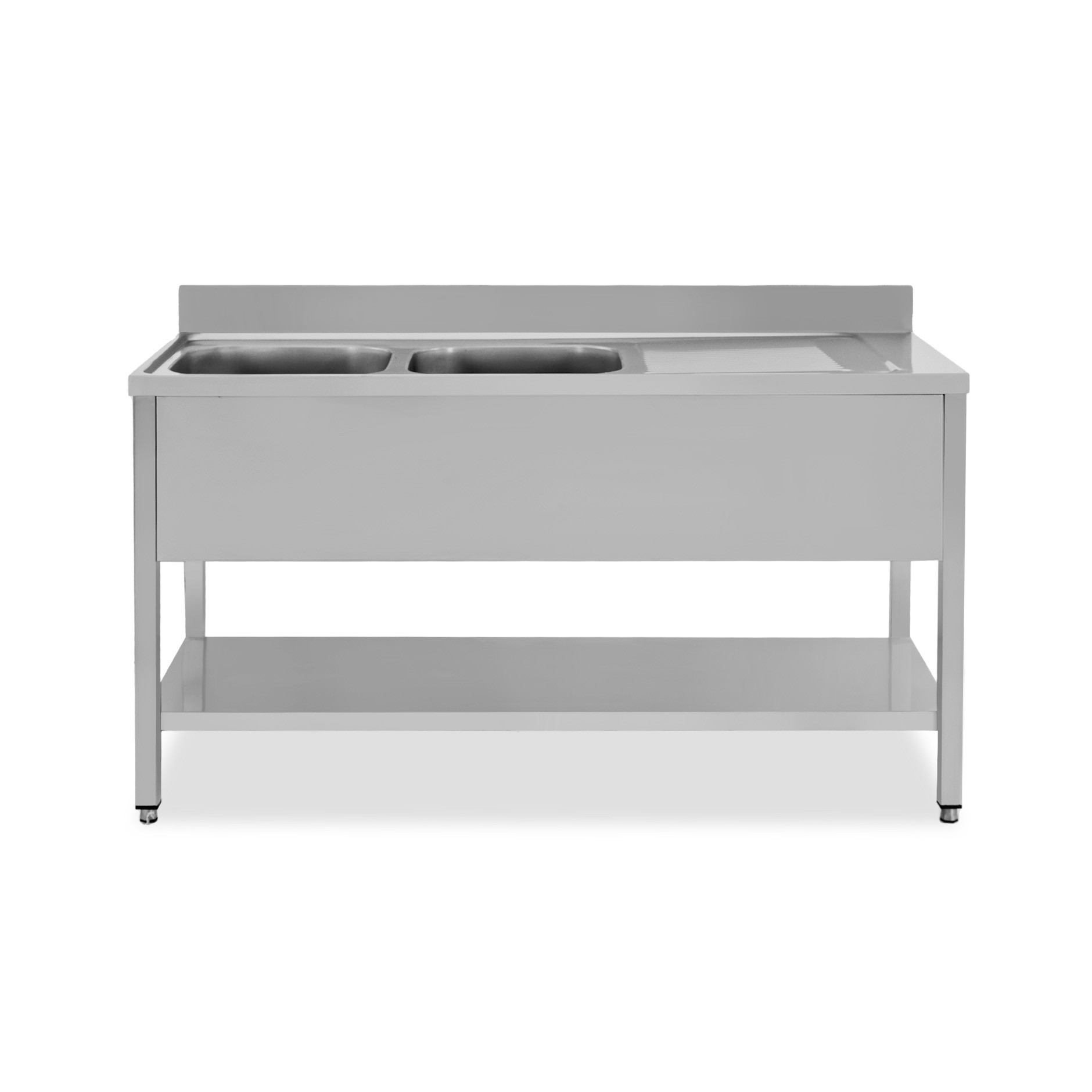 Fregadero inox con 2 cubetas y escurridor a la derecha, estante y peto L 1500 mm x P 700 mm x A 950 mm