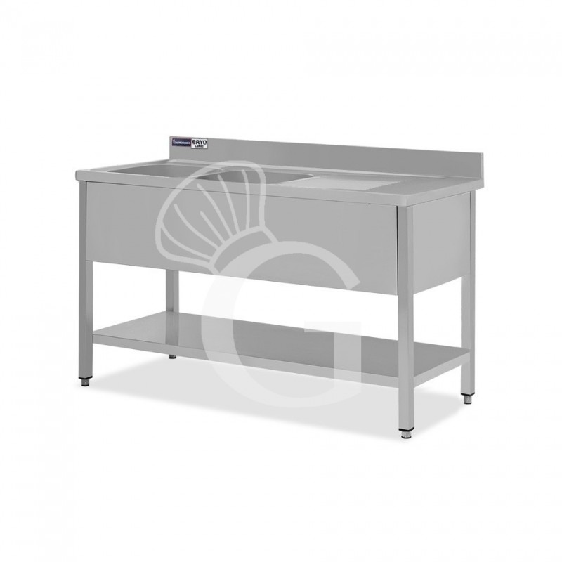 Fregadero inox 2 cubetas y escurridor a la derecha, estante, peto L1500mmxP600mmxA965mm- con agujero para el grifo Ø 32 mm
