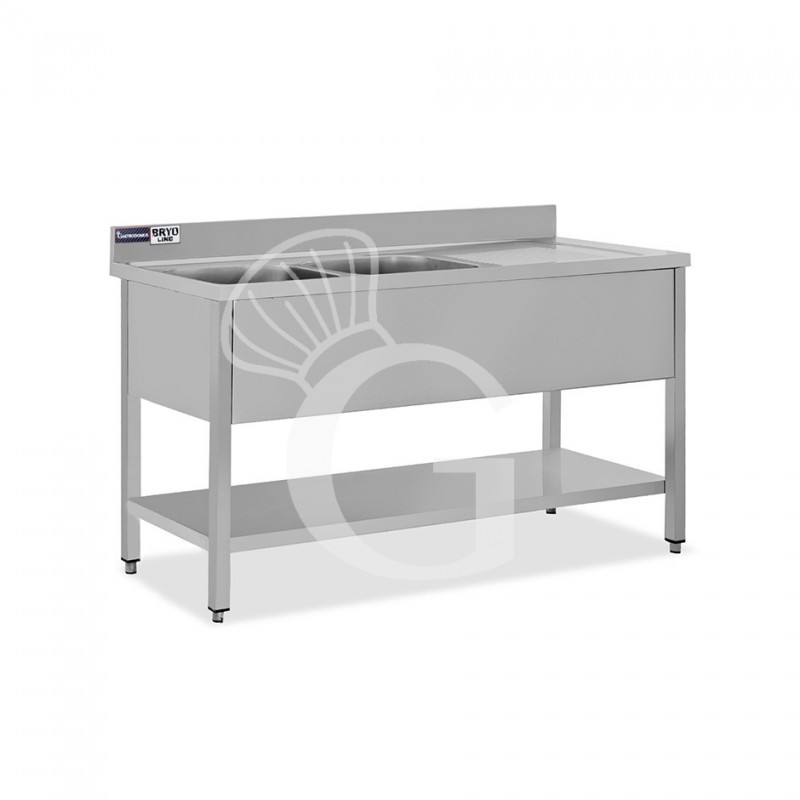 Fregadero inox 2 cubetas y escurridor a la derecha, estante, peto L1500mmxP600mmxA965mm- con agujero para el grifo Ø 32 mm