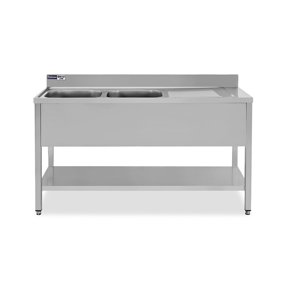 Fregadero inox 2 cubetas y escurridor a la derecha, estante, peto L1500mmxP600mmxA965mm- con agujero para el grifo Ø 32 mm