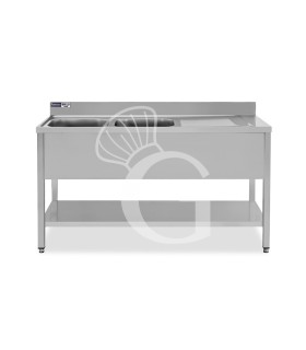 Fregadero inox 1 estante, peto trasero, 2 cubas, escurridor a la derecha, L1400mmxP700mmxA965mm-agujero para el grifo Ø 32 mm
