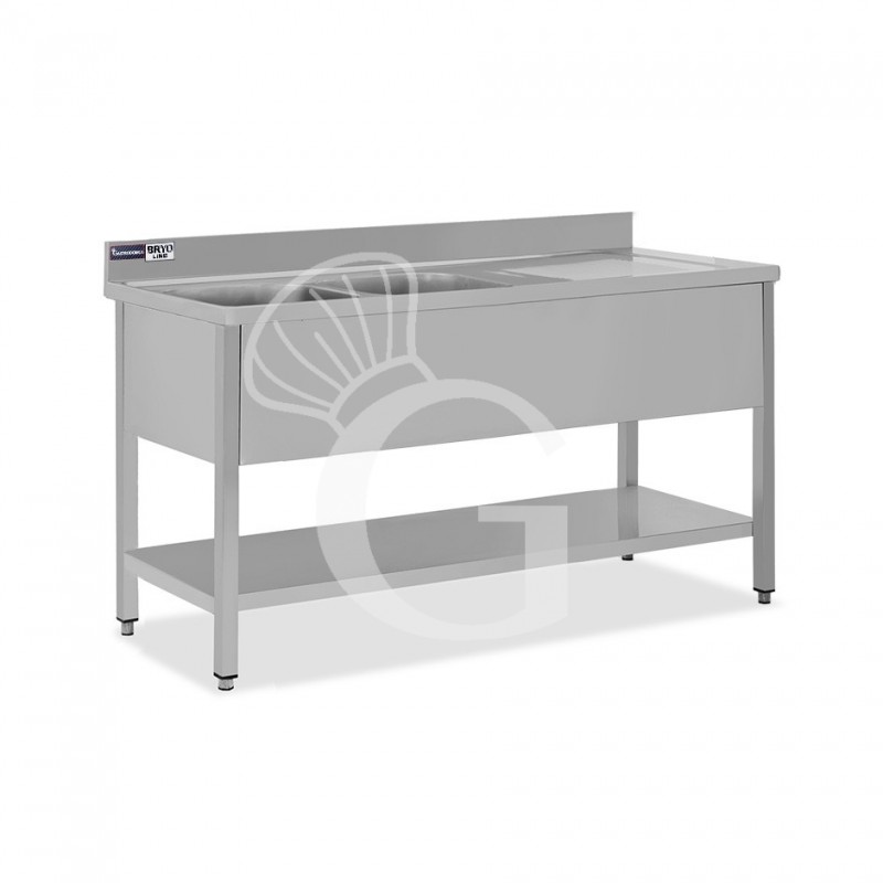 Fregadero inox con 2 cubetas y escurridor a la derecha, estante, peto L1600mmxP600mmxA965 mm- con agujero para el grifo Ø 32 mm