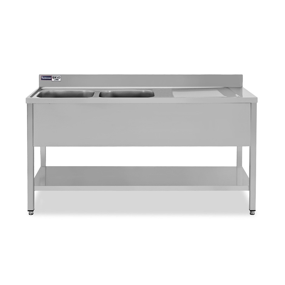 Fregadero inox con 2 cubetas y escurridor a la derecha, estante, peto L 1600mmxP700mmxA965mm- con agujero para el grifo Ø 32 mm