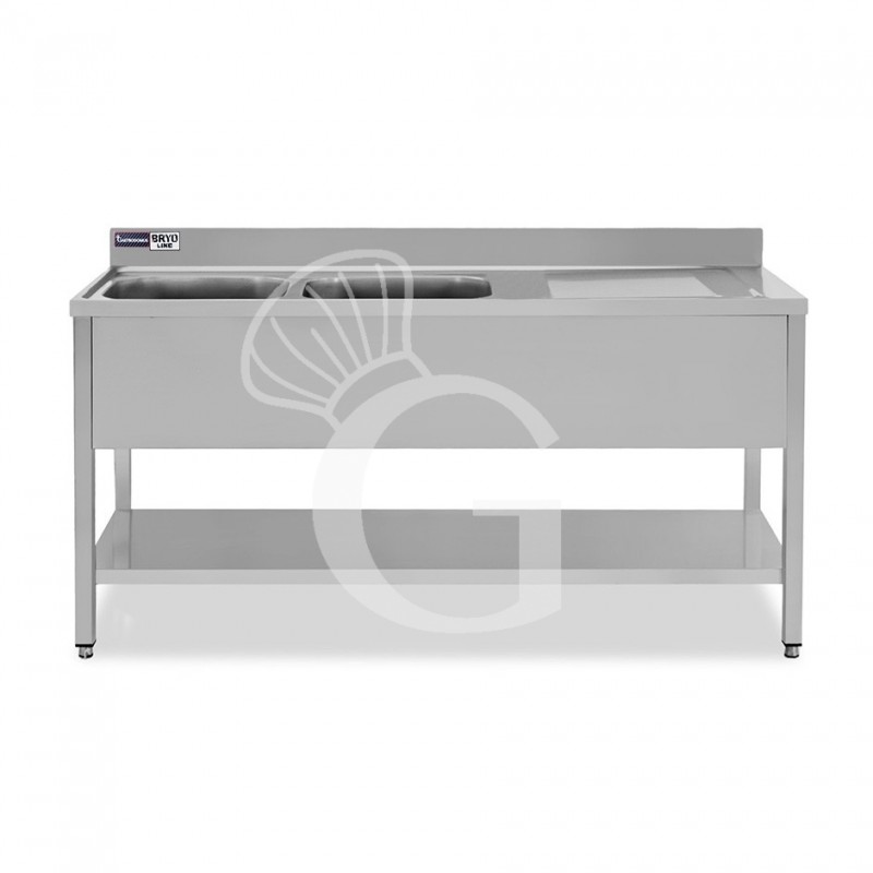 Fregadero inox 1 estante, peto, 2 cubas, escurridor a la derecha L1800mmxP600mmxA965mm-agujero para el grifo Ø 32 mm