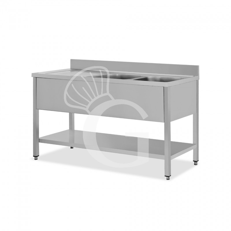 Fregadero inox con 2 cubetas y escurridor a la izquierda, estante y peto L 1400 mm x P 700 mm x A 950 mm