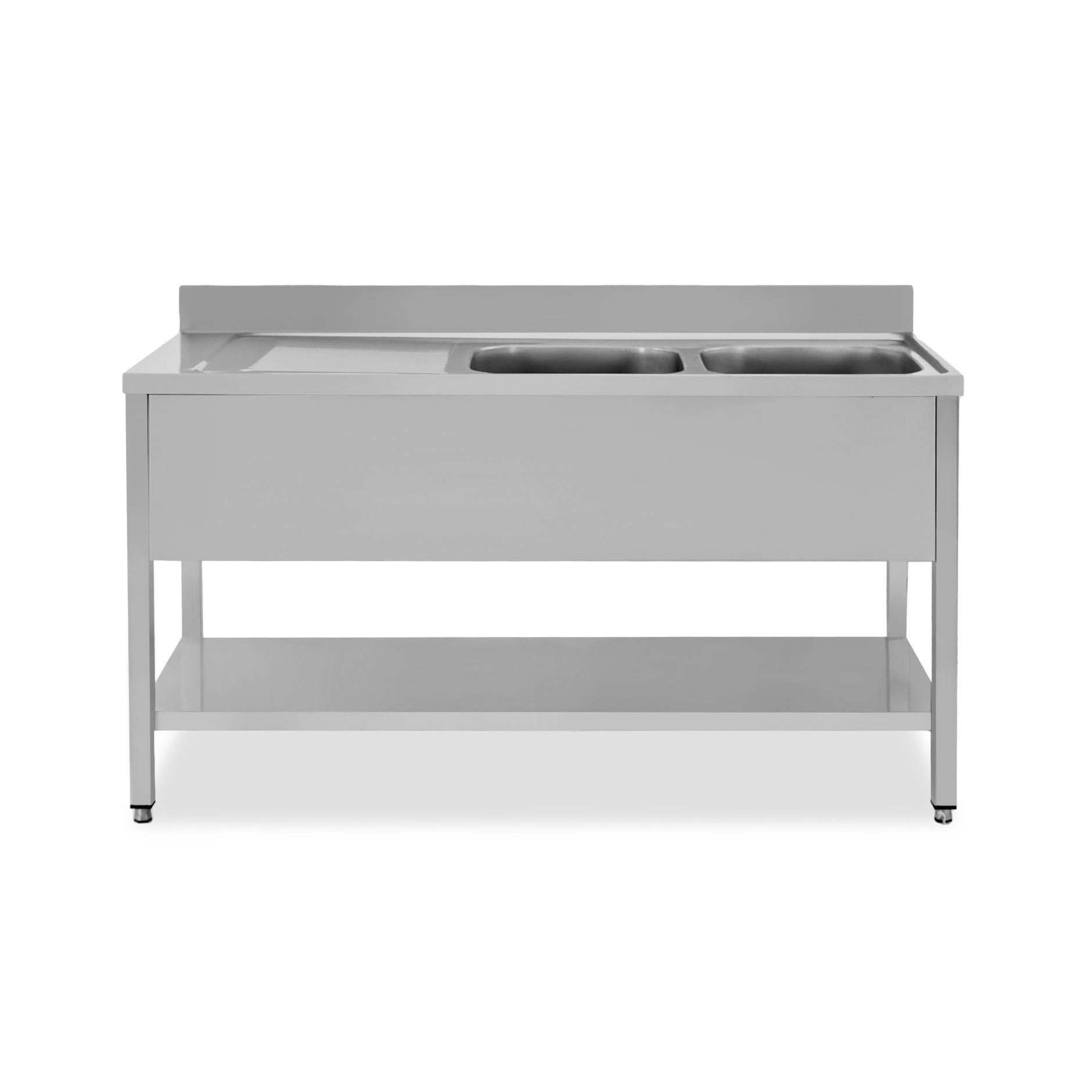 Fregadero inox 2 cubetas y escurridor a la izquierda, estante y peto L 1500 mm x P 600 mm x A 950 mm