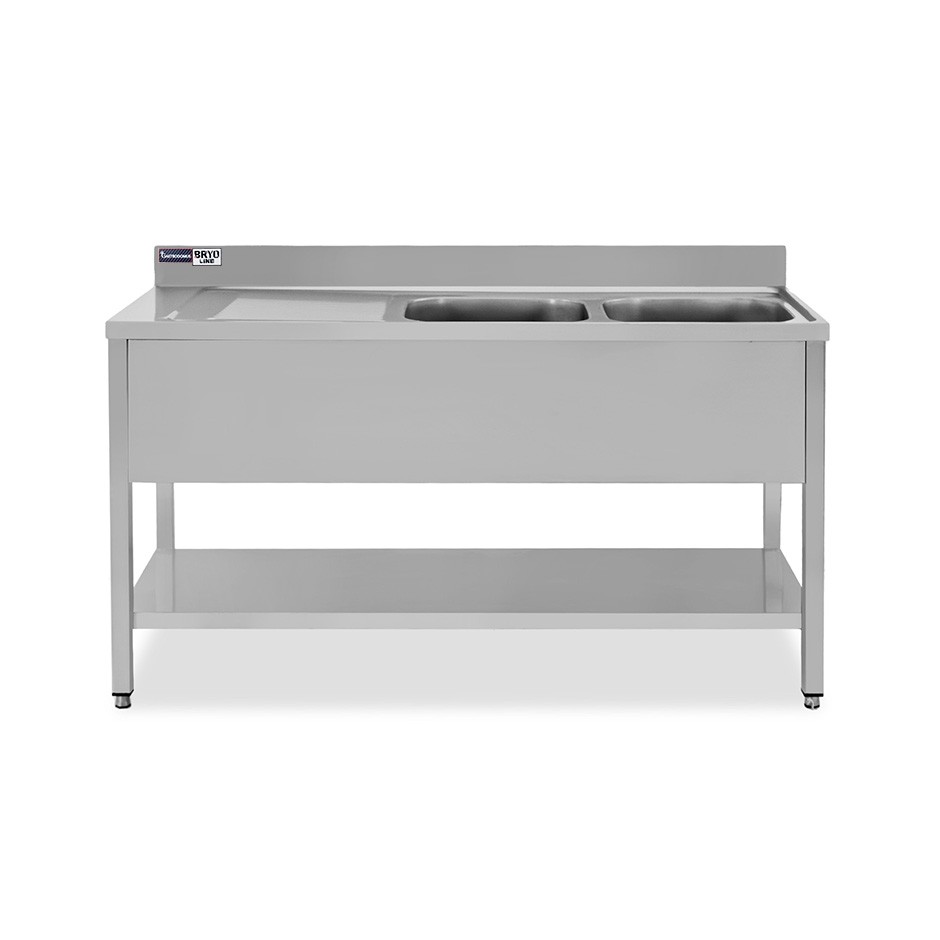 Fregadero inox 2 cubetas y escurridor a la izquierda, estante, peto L1400mmxP600mm xA965mm- con agujero para el grifo Ø 32 mm