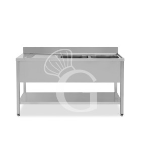 Fregadero inox con 2 cubetas y escurridor a la izquierda, estante y peto L 1500 mm x P 700 mm x A 950 mm