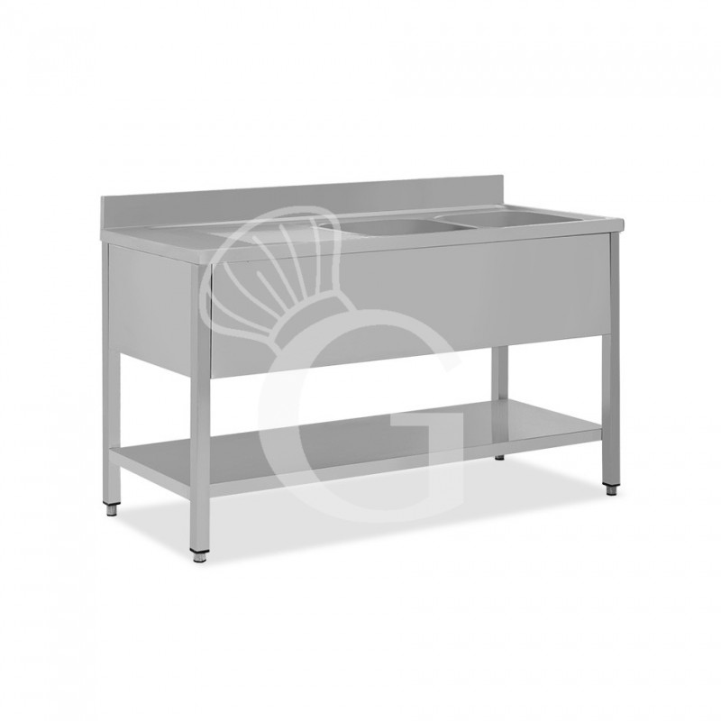 Fregadero inox con 2 cubetas y escurridor a la izquierda, estante y peto L 1500 mm x P 700 mm x A 950 mm