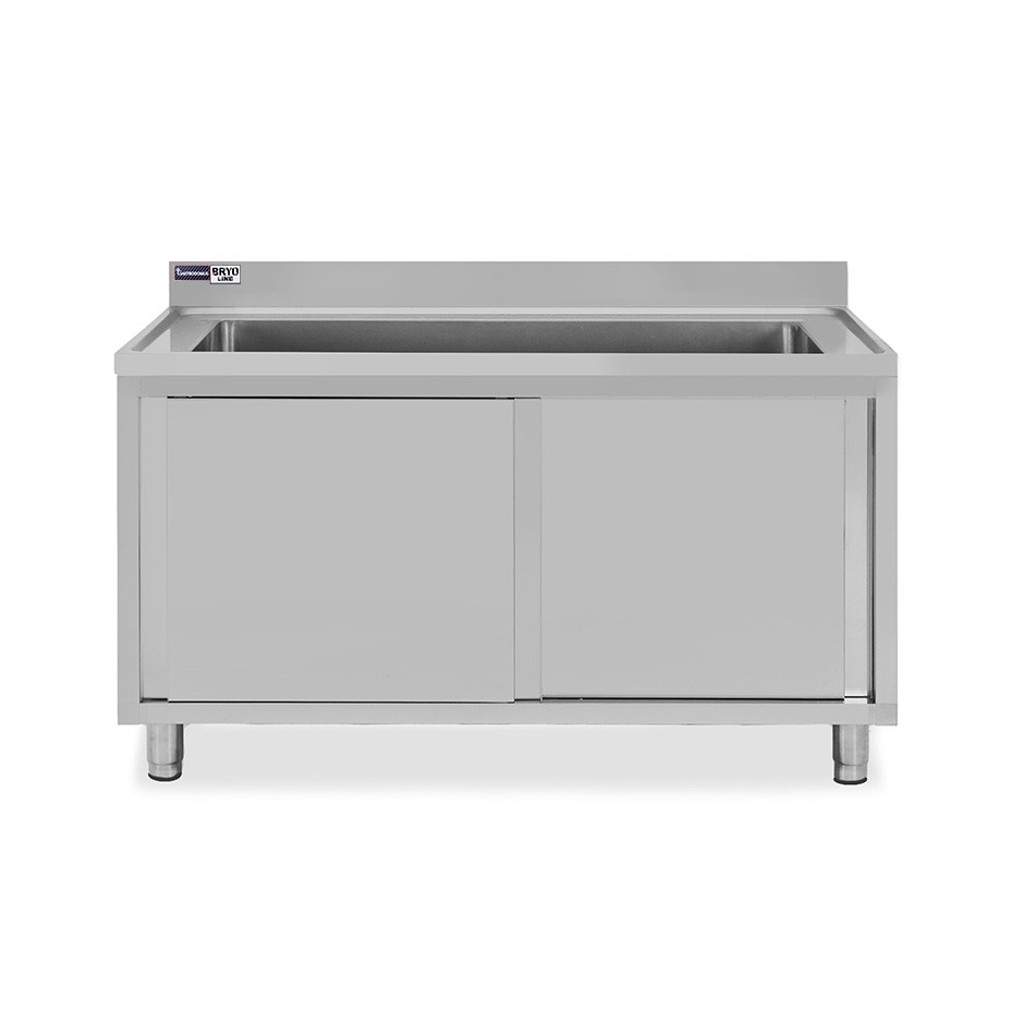 Fregadero para ollas con mueble inox 2 puertas correderas, peto, 1 cuba L1400mmxP600mmxA965mm con agujero para grifo Ø 32 mm