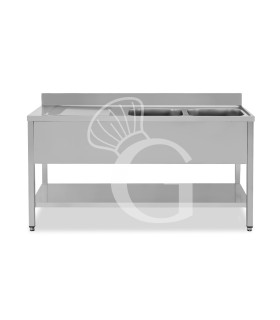 Fregadero inox con 2 cubetas y escurridor a la izquierda, estante y peto L 1700 mm x P 600 mm x A 950 mm