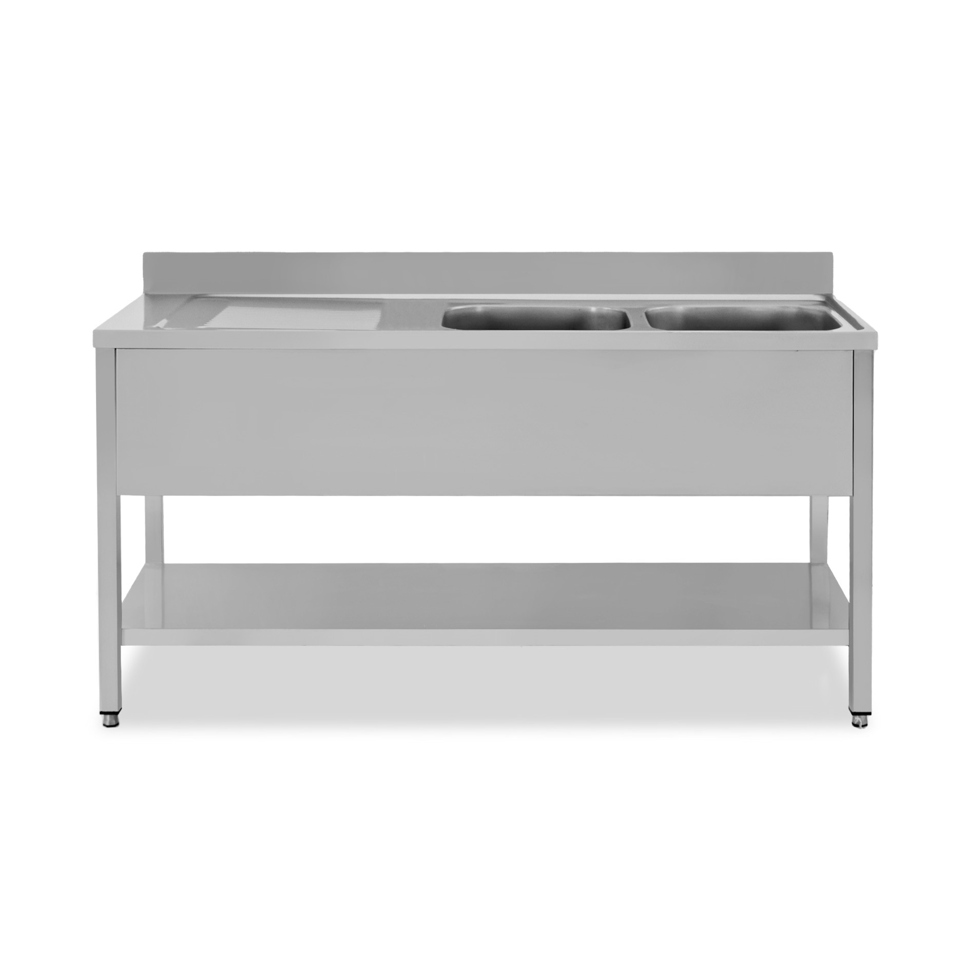 Fregadero inox con 2 cubetas y escurridor a la izquierda, estante y peto L 1700 mm x P 600 mm x A 950 mm