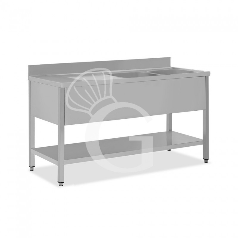 Fregadero inox con 2 cubetas y escurridor a la izquierda, estante y peto L 1700 mm x P 600 mm x A 950 mm