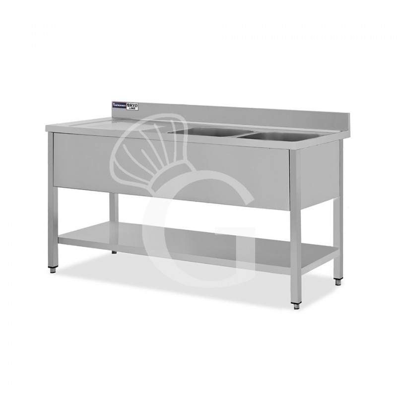 Fregadero inox 2 cubetas y escurridor a la izquierda, estante, peto L1600mmxP600mmxA965mm- con agujero para el grifo Ø 32 mm