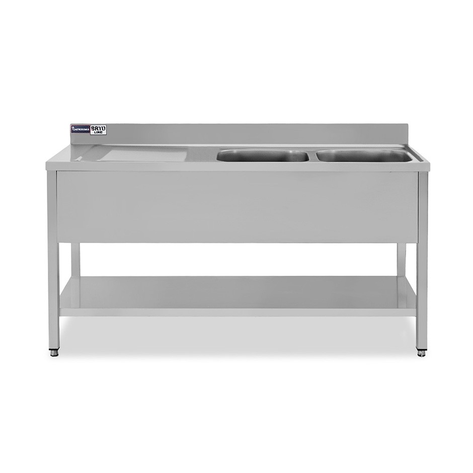 Fregadero inox 2 cubetas y escurridor a la izquierda, estante, peto L1600mmxP600mmxA965mm- con agujero para el grifo Ø 32 mm