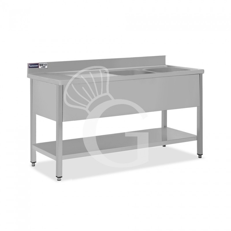 Fregadero inox 2 cubetas y escurridor a la izquierda, estante, peto L1600mmxP600mmxA965mm- con agujero para el grifo Ø 32 mm