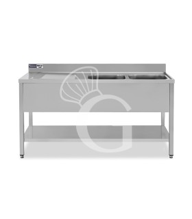 Fregadero inox con 2 cubas y escurridor a la izquierda, estante, peto L1600mmxP700mmxA965mm- con agujero para el grifo Ø 32 mm