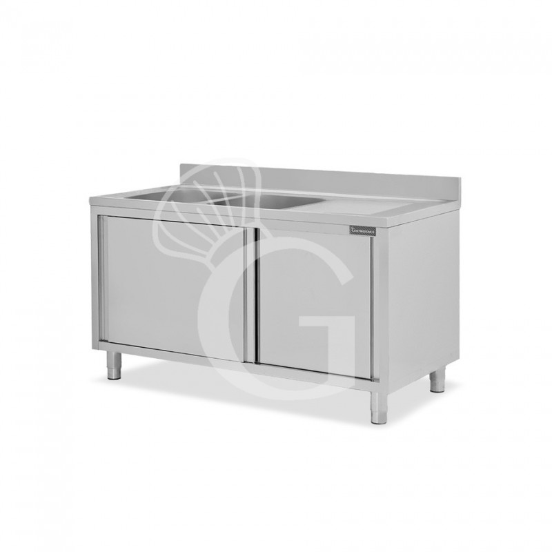 Fregadero con mueble inox 2 puertas correderas, 2 cubetas, escurridor a la derecha y peto L1400xP600xA950