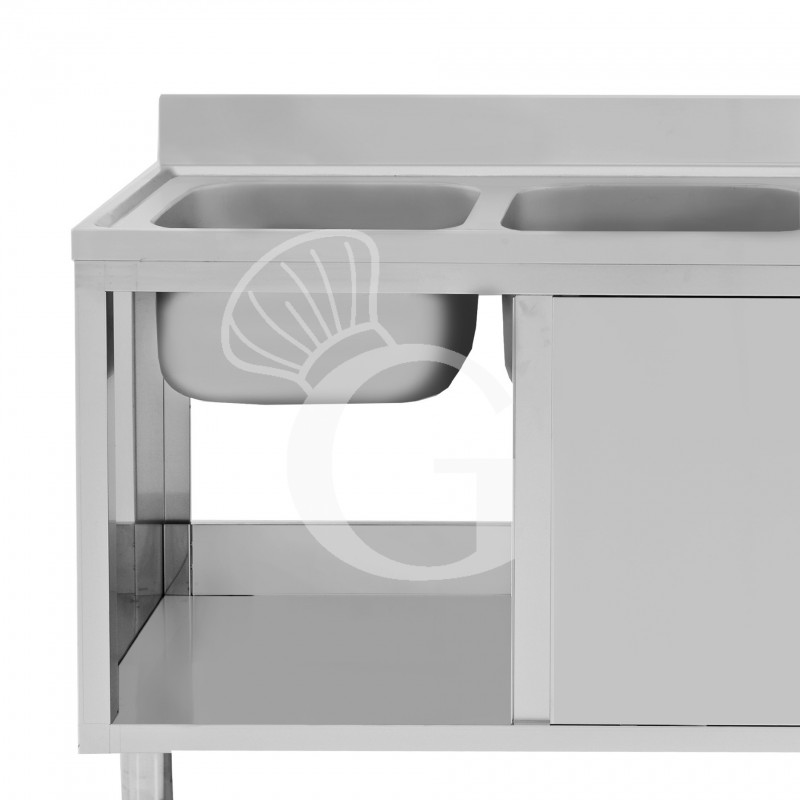 Fregadero con mueble inox 2 puertas correderas, 2 cubetas, escurridor a la derecha y peto L1400xP600xA950