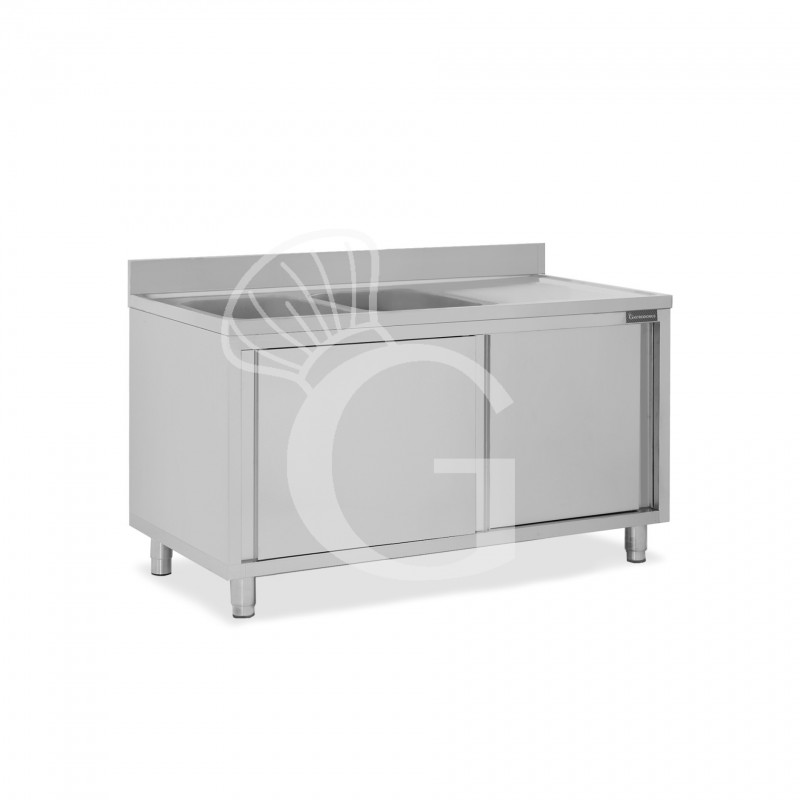 Fregadero con mueble inox con 2 puertas correderas, 2 cubetas, escurridor a la derecha y peto L 1500 mm x P 700 mm x A 950 mm