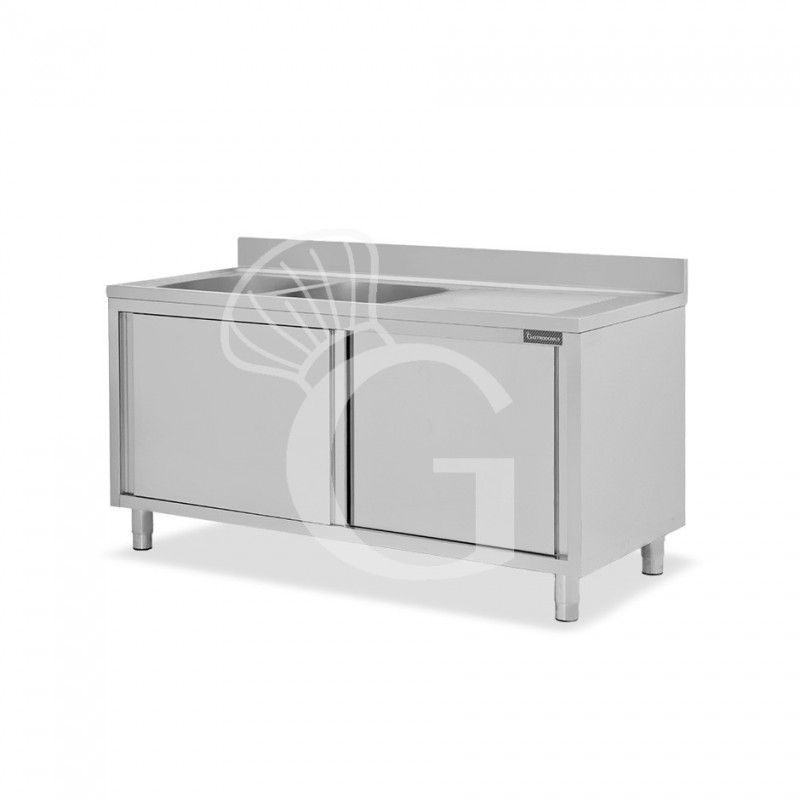 Fregadero con mueble inox con 2 puertas correderas, 2 cubetas, escurridor a la derecha y peto L1600xP600xA950