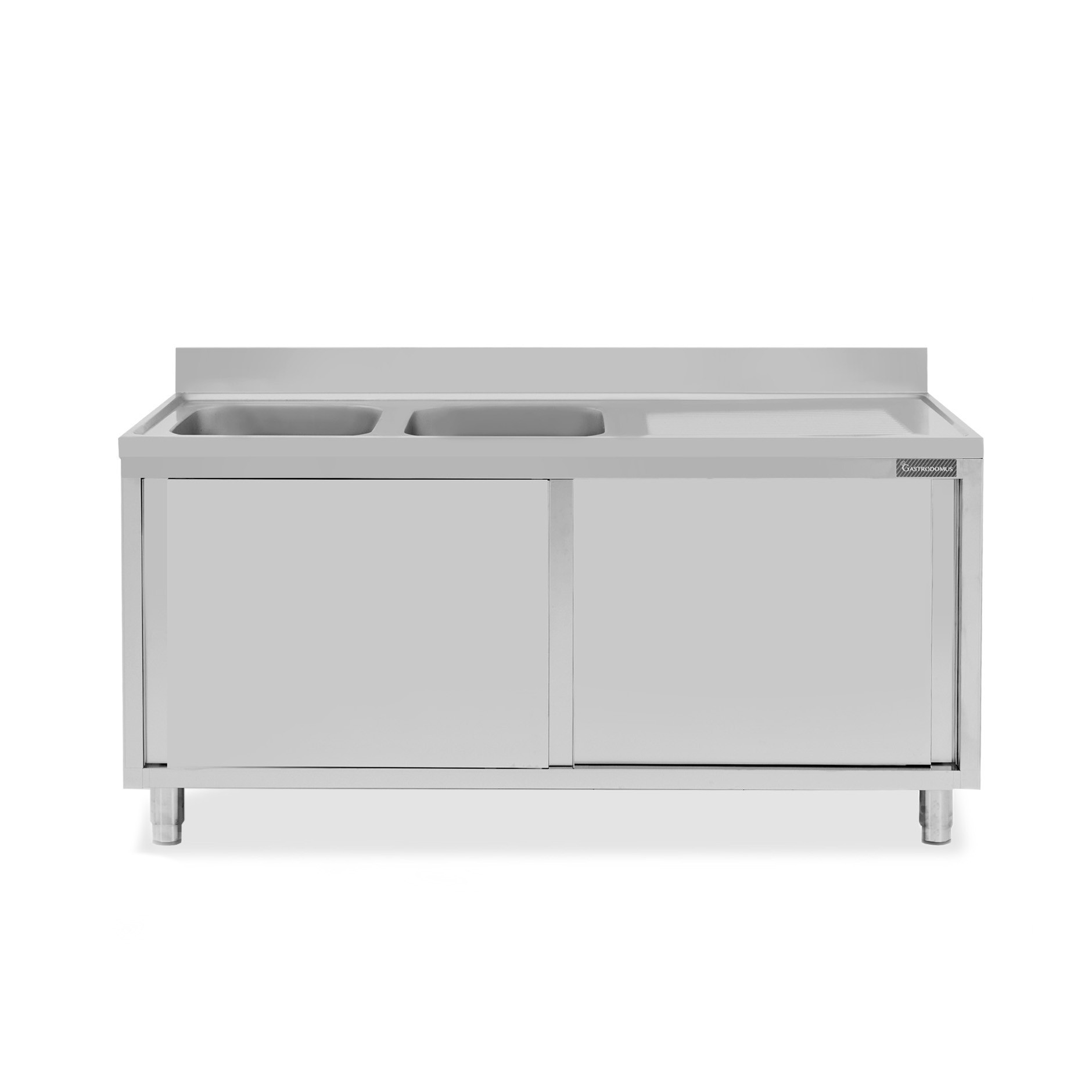 Fregadero con mueble inox con 2 puertas correderas, 2 cubetas, escurridor a la derecha y peto L1600xP600xA950