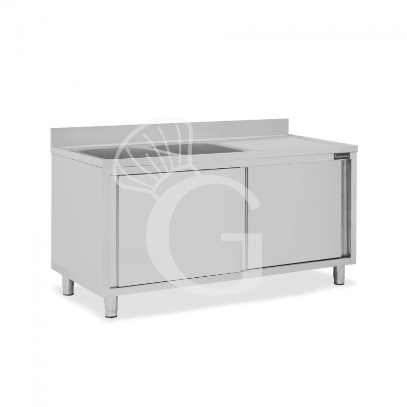 Fregadero con mueble inox con 2 puertas correderas, 2 cubetas, escurridor a la derecha y peto L1600xP600xA950