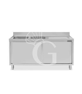 Fregadero con mueble inox con 2 puertas correderas, 2 cubetas, escurridor a la derecha y peto L 1700 mm x P 700 mm x A 950 mm