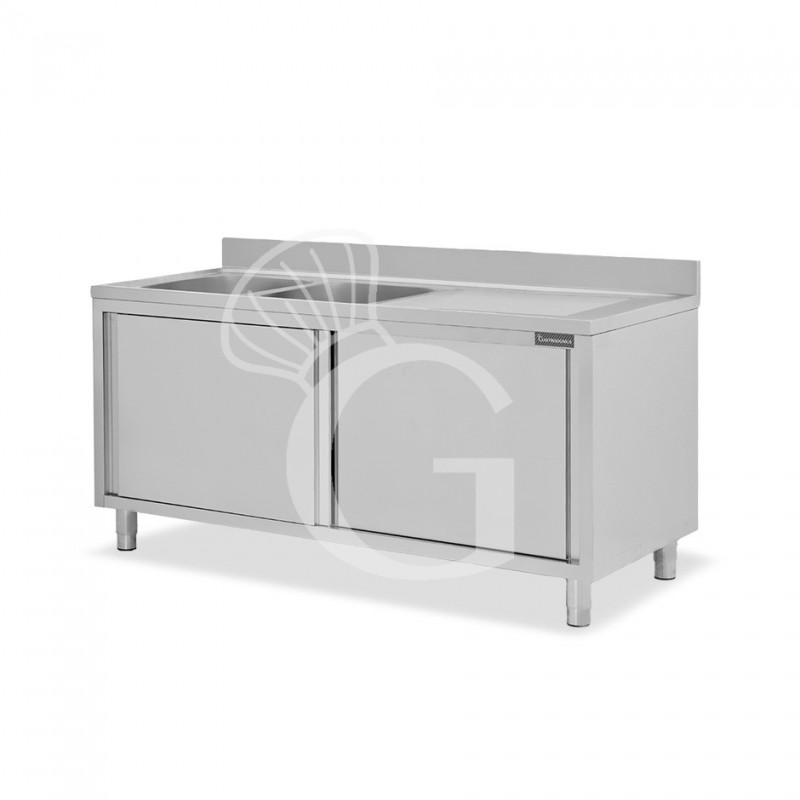 Fregadero con mueble inox con 2 puertas correderas, 2 cubetas, escurridor a la derecha y peto L 1800 mm x P 700 mm x A 950 mm