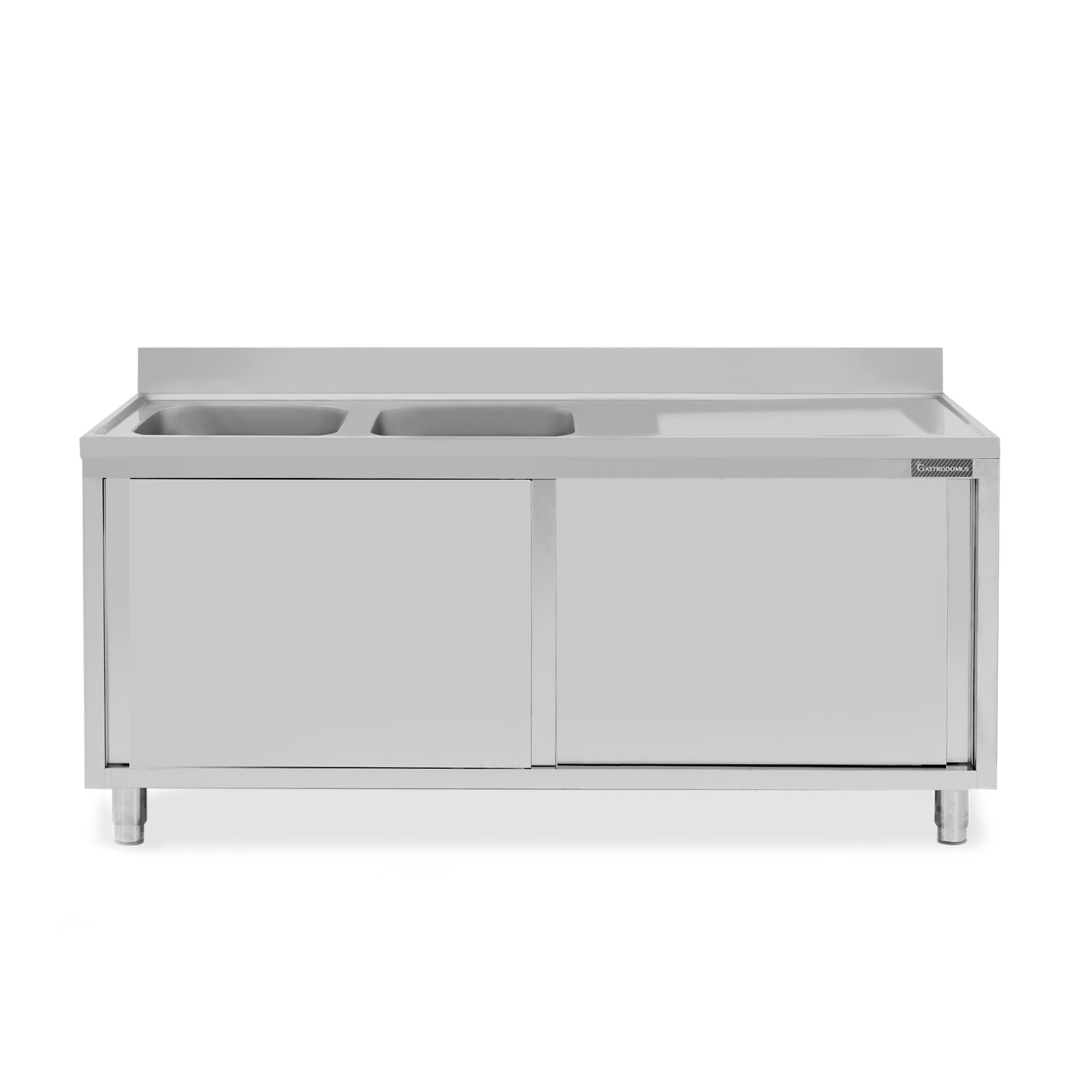Fregadero con mueble inox con 2 puertas correderas, 2 cubetas, escurridor a la derecha y peto L 1800 mm x P 700 mm x A 950 mm
