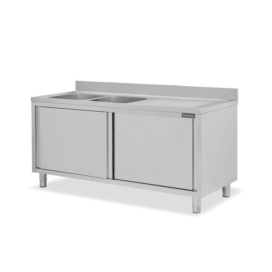 Fregadero con mueble inox 2 puertas correderas, 2 cubetas, escurridor a la derecha y peto L1800xP600xA950