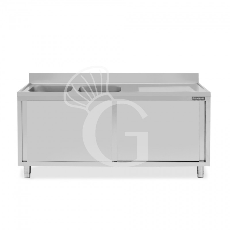 Fregadero con mueble inox 2 puertas correderas, 2 cubetas, escurridor a la derecha y peto L1800xP600xA950