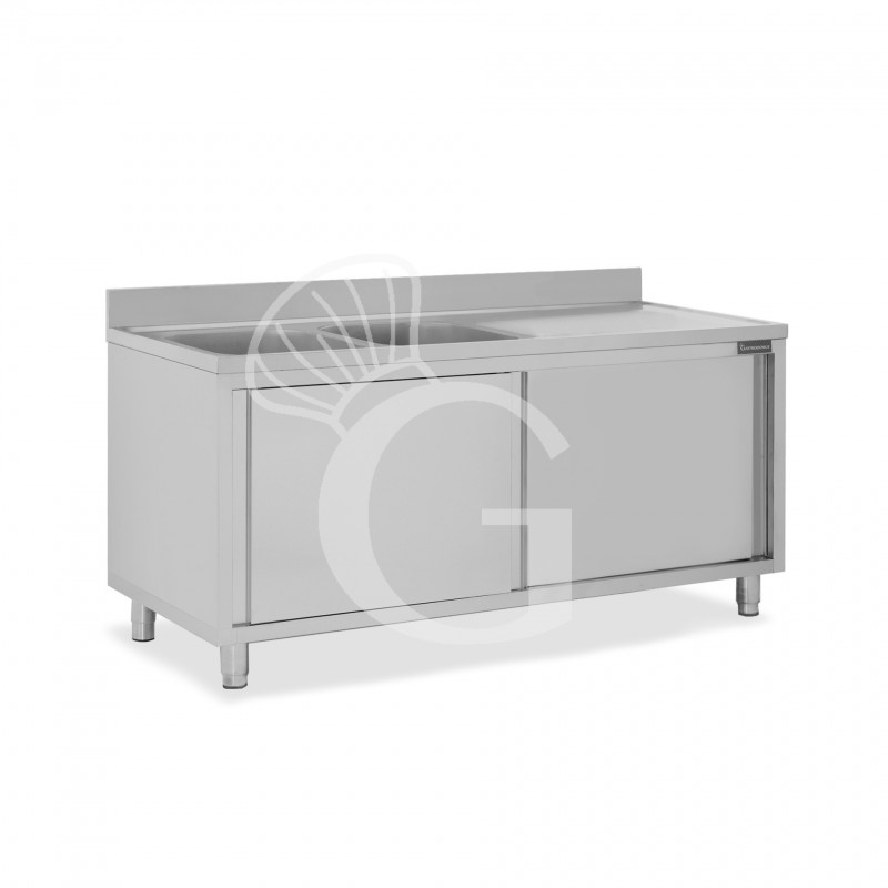 Fregadero con mueble inox 2 puertas correderas, 2 cubetas, escurridor a la derecha y peto L1800xP600xA950