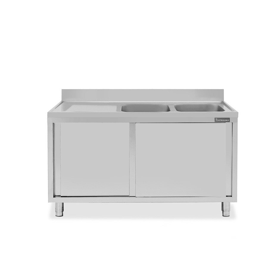 Fregadero con mueble inox 2 puertas correderas, 2 cubetas, escurridor a la izquierda y peto L1500xP600xA950