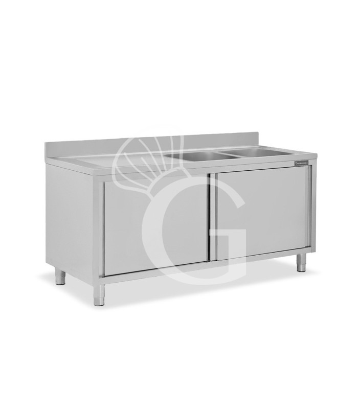 Fregadero con mueble inox con 2 puertas correderas, 2 cubetas, escurridor a la izquierda y peto L 2000 mm x P 700 mm x A 950 mm
