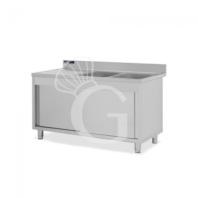 Fregadero con mueble 2 puertas correderas, 2 cubetas, escurridor a la izquierda y peto L1400mmxP600mmxA965mm agujero grifo Ø32mm