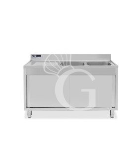 Fregadero con mueble 2 puertas correderas, 2 cubetas, escurridor a la izquierda y peto L1400mmxP600mmxA965mm agujero grifo Ø32mm