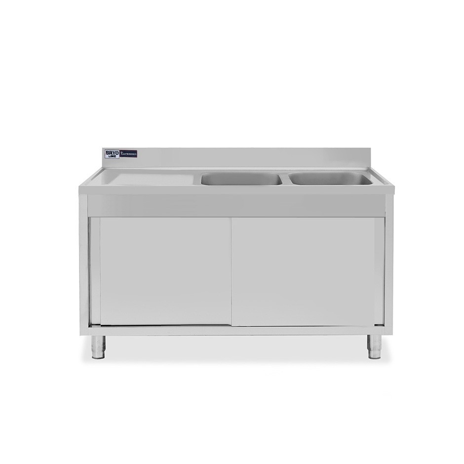 Fregadero con mueble 2 puertas correderas, 2 cubetas, escurridor a la izquierda y peto L1500mmxP600mmxA965mm agujero grifo Ø32mm