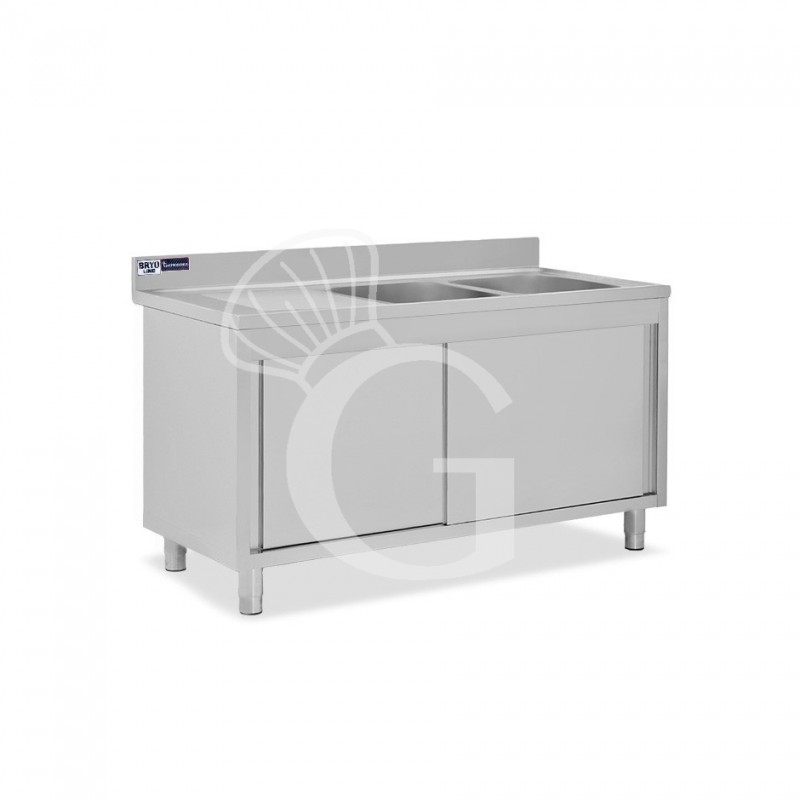 Fregadero con mueble 2 puertas correderas, 2 cubetas, escurridor a la izquierda y peto L1500mmxP600mmxA965mm agujero grifo Ø32mm