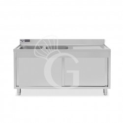 Fregadero con mueble 2 puertas correderas, 2 cubetas, escurridor a la derecha y peto L1600xP600xA965mm agujero grifo Ø32mm