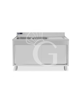 Fregadero con mueble 2 puertas correderas, 2 cubetas, escurridor a la derecha y peto L1400xP600xA965mm agujero grifo Ø32mm