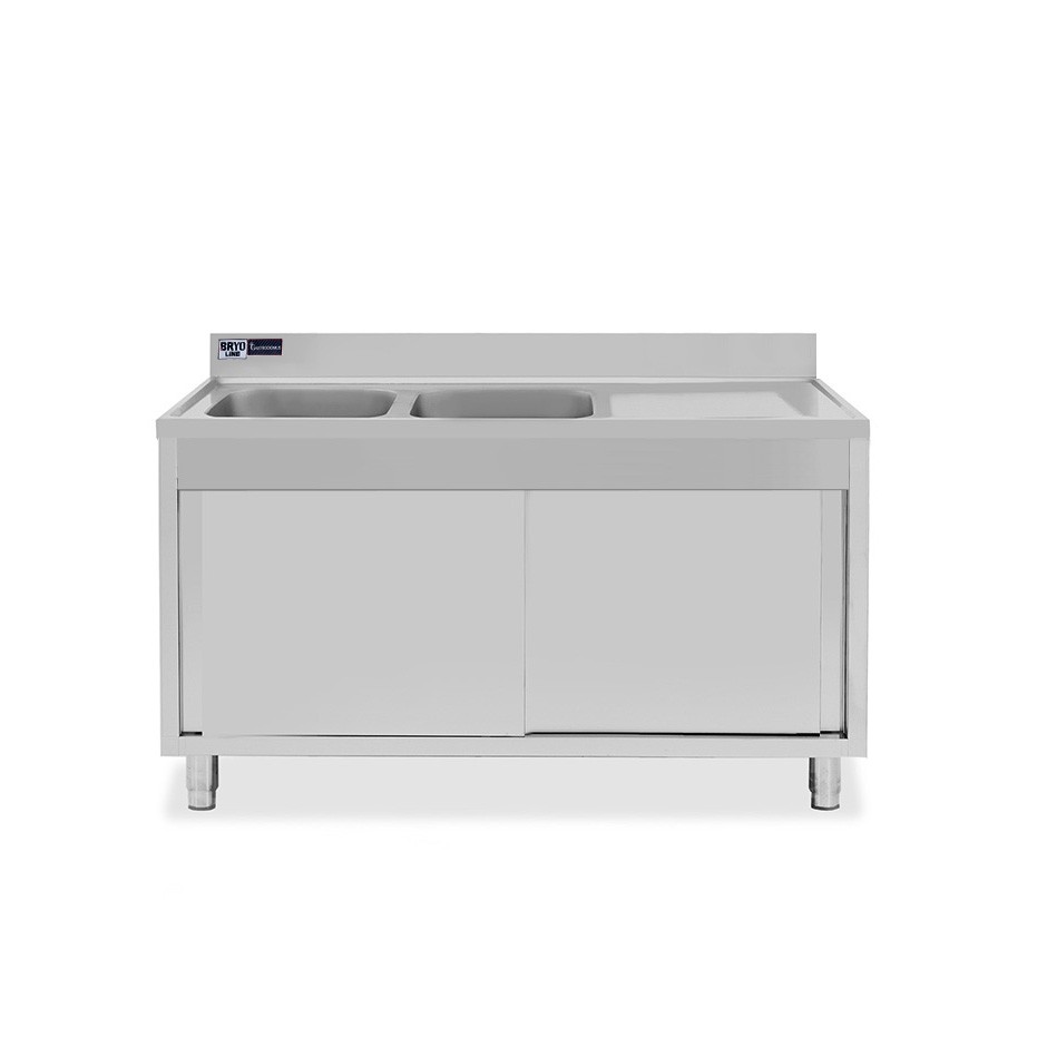 Fregadero con mueble 2 puertas correderas, 2 cubetas, escurridor a la derecha y peto L1500xP600xA965mm agujero grifo Ø 32mm