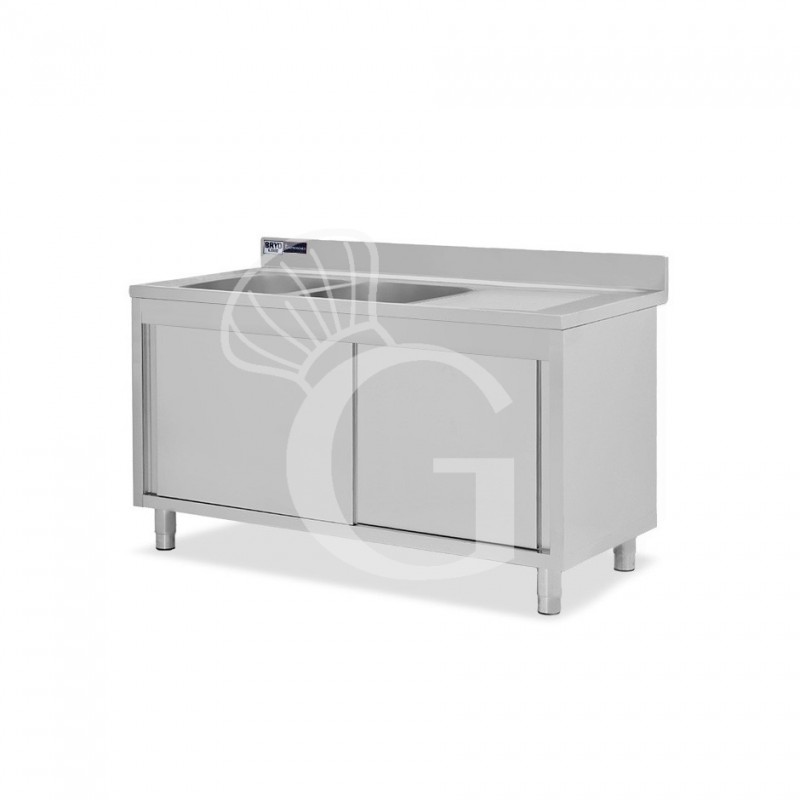 Fregadero con mueble 2 puertas correderas, 2 cubetas, escurridor a la derecha y peto L1500xP600xA965mm agujero grifo Ø 32mm