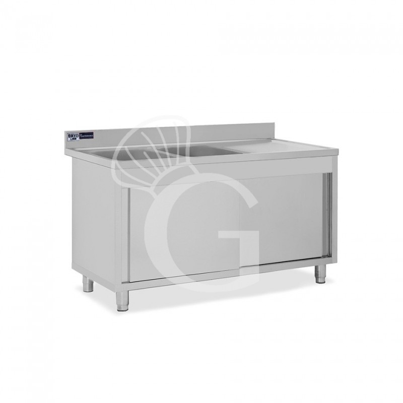 Fregadero con mueble 2 puertas correderas, 2 cubetas, escurridor a la derecha y peto L1500xP600xA965mm agujero grifo Ø 32mm