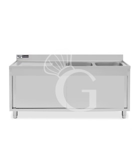 Fregadero con mueble 2 puertas correderas, 2 cubetas, escurridor a la izquierda y peto L1800mmxP700mmxA965mm agujero grifo Ø32mm