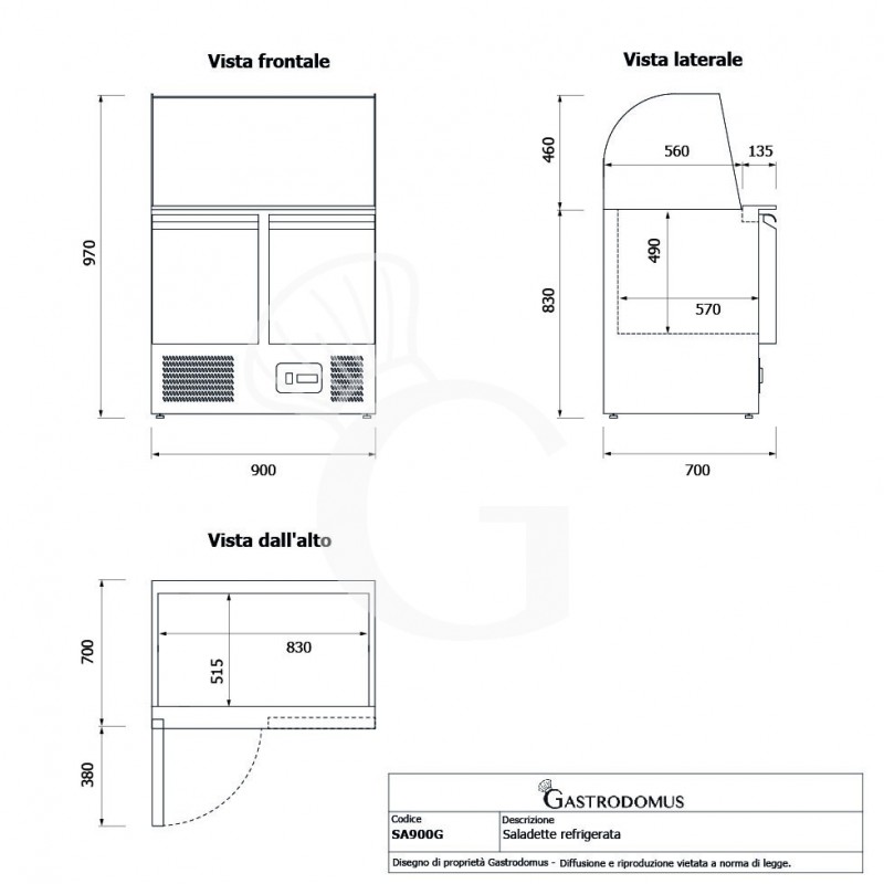 Mesa fría para ensaladas, 2 Puertas, Temperatura +2°C/+8°C, Vidrio curvado