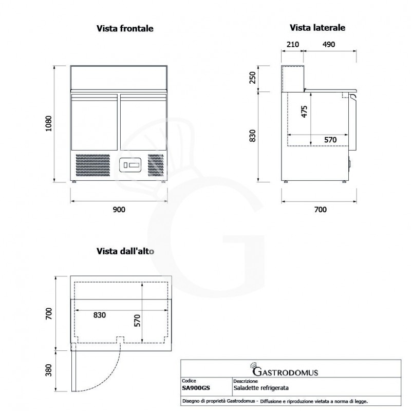Mesa fría para ensaladas con 2 Puertas, Temperatura +2°C/+8°C, Encimera de granito